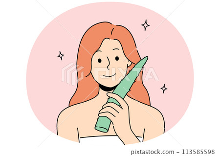 Smiling woman use aloe vera for skincare Smiling woman use aloe vera for skincare 113585598