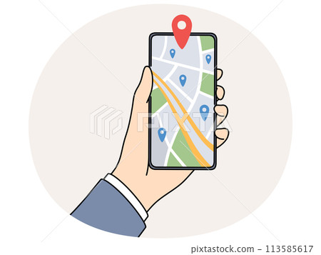 Person holding mobile with GPS tracker on map Person holding mobile with GPS tracker on map 113585617