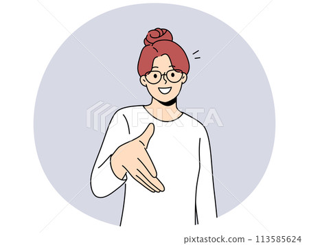Smiling woman stretch hand for handshake Smiling woman stretch hand for handshake 113585624