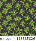 Line art clover four green leaf seamless pattern on black background. St. Patrick day symbol. Vector illustration 113585826