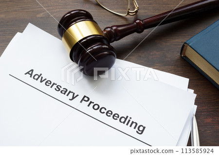 A stack of papers about Adversary proceeding, gavel and glasses. A stack of papers about Adversary proceeding, gavel and glasses. 113585924