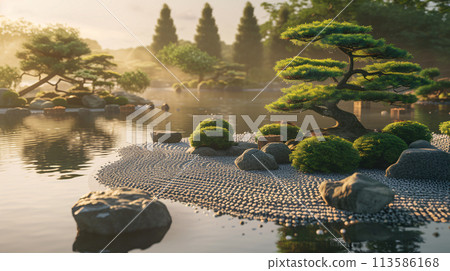 a peaceful scene depicting a traditional Japanese garden with a koi pond, meticulously raked gravel a peaceful scene depicting a traditional Japanese garden with a koi pond, meticulously raked gravel 113586168