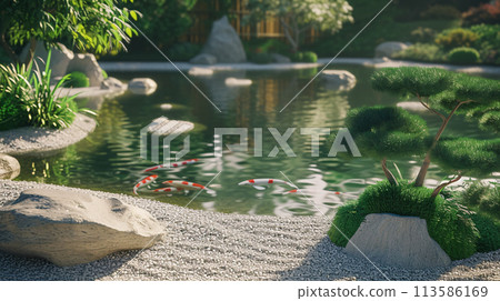 a peaceful scene depicting a traditional Japanese garden with a koi pond, meticulously raked gravel 113586169