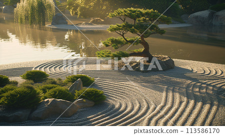 a peaceful scene depicting a traditional Japanese garden with a koi pond, meticulously raked gravel 113586170