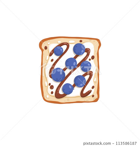 Sweet blueberry and peanut butter toast. Open fruit sandwich with chocolate paste and caramel topping on grilled square bread. Breakfast food. Flat vector illustration isolated on white 113586187