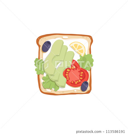 Vegetable toast on grilled bread slice. Open sandwich with fresh cherry tomatoes, basil leaves, mashed avocado and sesame seeds. Vegan snack food. Flat vector illustration isolated on white Vegetable toast on grilled bread slice. Open sandwich with fresh cherry tomatoes, basil leaves, mashed avocado and sesame seeds. Vegan snack food. Flat vector illustration isolated on white 113586191