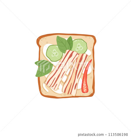 Toast with bacon and arugula greens stuffing between long wheat bread. Tasty snack, delicious fast food with meat, cheese, sauce. Flat vector illustration isolated on white 113586198