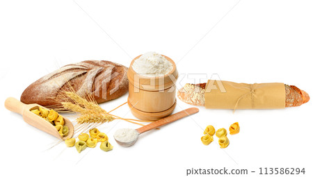 Baguettes, wheat flour and ravioli isolated on a white. There is free space for text. Collage. Wide photo. 113586294