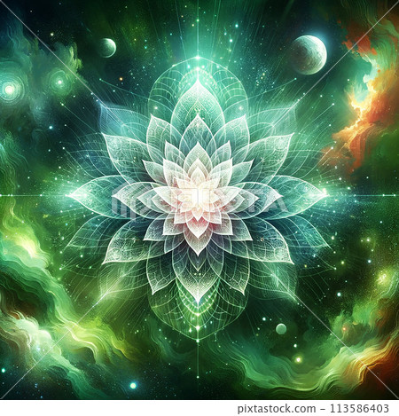 Green lotus blooming in space 113586403