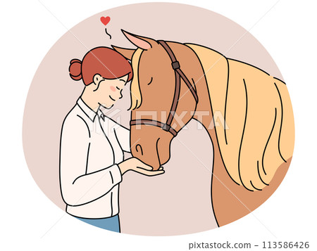 Happy woman hugging horse Happy woman hugging horse 113586426