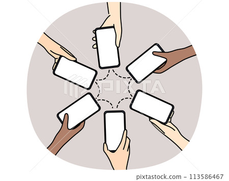 People hands in circle holding smartphones People hands in circle holding smartphones 113586467