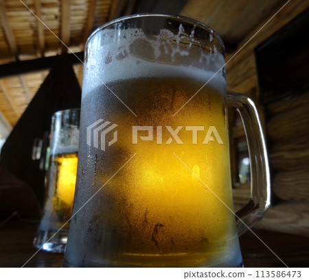 Two pints of craft beer with froth on the glass on the wood table Two pints of craft beer with froth on the glass on the wood table 113586473