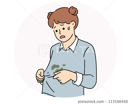 Unhappy girl have stains on sweater 113586488