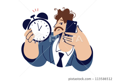 Man boss with alarm clock in hand calls subordinates reminding them that deadline 113586512