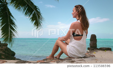 Woman sit on large rock by the ocean, waves crashing in the background. Female relax on sea coast beach under palm tree. Girl enjoy exotic island landscape Outdoor travel, summer holiday vacation. Woman sit on large rock by the ocean, waves crashing in the background. Female relax on sea coast beach under palm tree. Girl enjoy exotic island landscape Outdoor travel, summer holiday vacation. 113586596