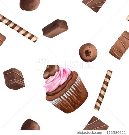 Chocolate candies and cupcake seamless pattern on white background with sweet desserts. Hand drawn in watercolor for packaging, fabrics 113586621