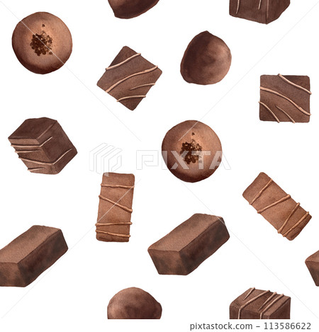 Chocolate candies seamless pattern on white background with sweet desserts. Hand drawn in watercolor for packaging, fabrics 113586622