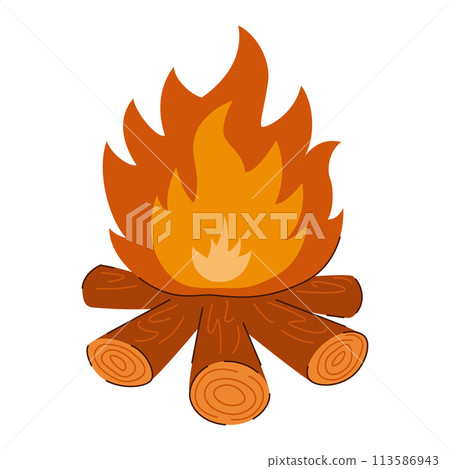 Cartoon illustration of a campfire, stacked firewood 113586943