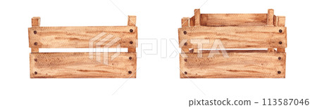 Wooden box. Side view with and without perspective. Hand drawn vintage illustration. Wooden box. Side view with and without perspective. Hand drawn vintage illustration. 113587046