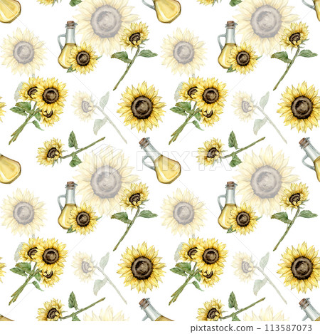 Seamless pattern sunflower oil in glass bottle. Hand drawn illustration isolated background. Natural fresh organic yellow vegetable oil in jar realistic watercolor image. Pure vegan seasoning 113587073