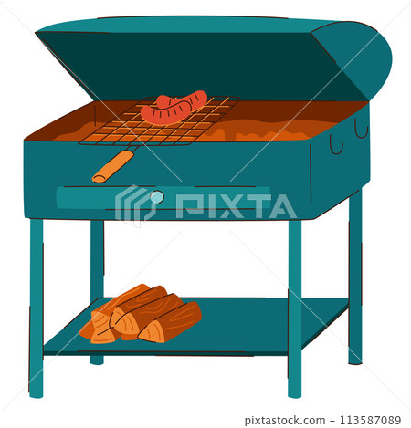 cartoon illustration of a garden grill with firewood and roasting sausages. 113587089