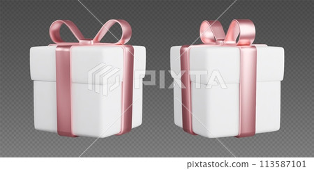 Gift boxes with ribbons, realistic 3d white boxes with rose gold bows. Surprise gift Gift boxes with ribbons, realistic 3d white boxes with rose gold bows. Surprise gift 113587101