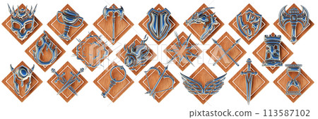 Fantasy game badge set, 3D UI RPG icon kit, wood shield, chrome metal warrior medieval weapon asset 113587102