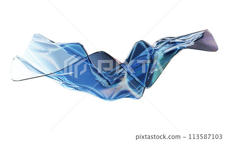 3D glass wave, render liquid abstract gradient shape, holographic curved plastic blue object.  113587103