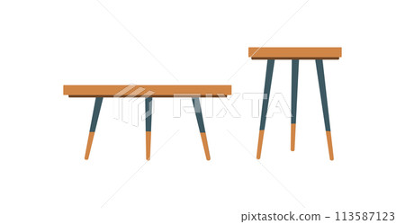 The table is round Scandinavian style. A wooden table. Vector illustration of a flat style Modern room interior The table is round Scandinavian style. A wooden table. Vector illustration of a flat style Modern room interior 113587123