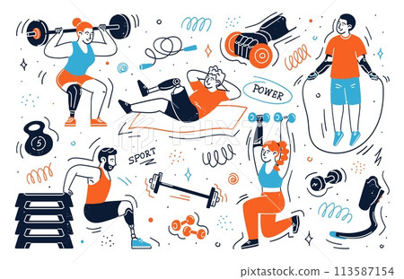 Young people characters with prosthesis training at gym 113587154