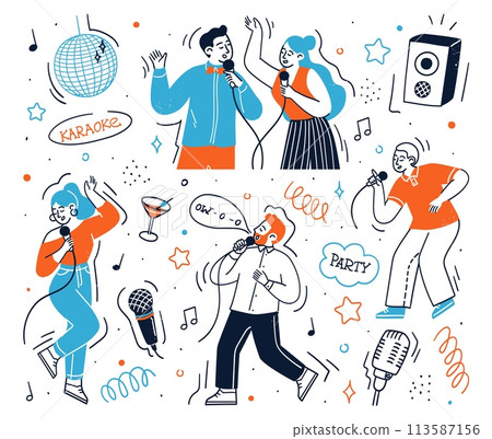 Happy people characters enjoying karaoke party vector illustration 113587156