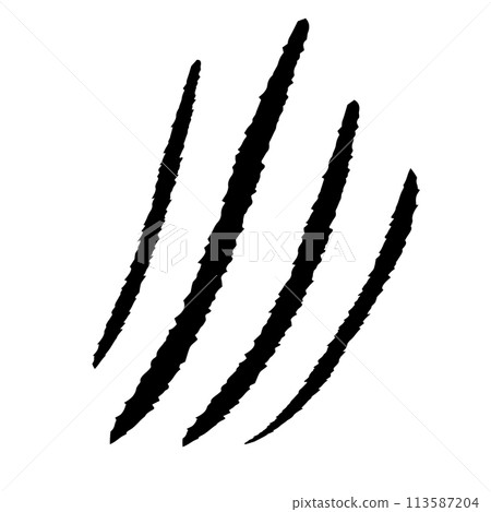 Clows scratches silhouette marks, cat or wild animal scrape track scratches paw shape isolated on white background. Nails trace texture with torn edge. 113587204