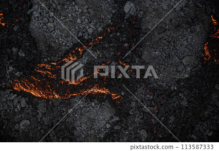 Aerial view of the texture of a solidifying lava field Aerial view of the texture of a solidifying lava field 113587333