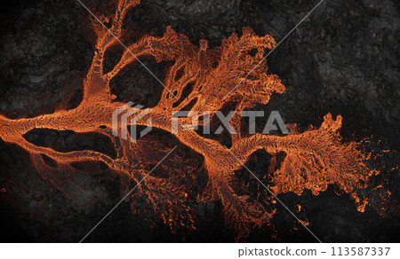 Aerial view of the texture of a solidifying lava field 113587337