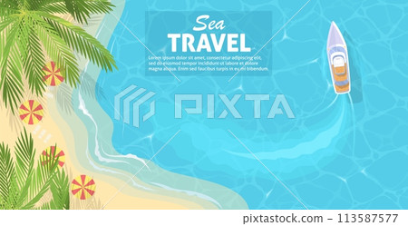 Sea travel on boat at tropical resort advertisement 113587577