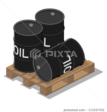 isometric black metal oil barrels on pallet isolated on white background vector flat illustration 113587592