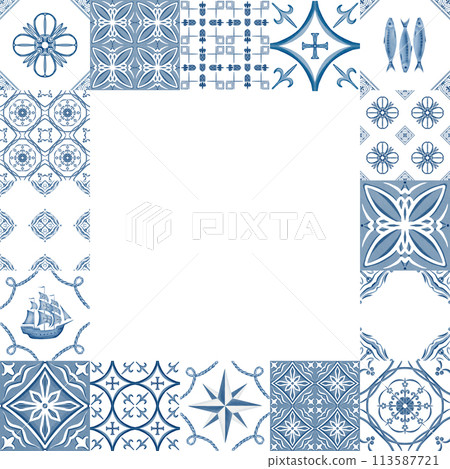 Mediterranean style patchwork with Portuguese symbols in square frame composition. Isolated on white background watercolor illustration with empty space in the center for postcard,website,store,fabric Mediterranean style patchwork with Portuguese symbols in square frame composition. Isolated on white background watercolor illustration with empty space in the center for postcard,website,store,fabric 113587721