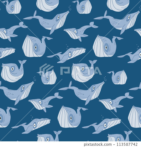 Whale pattern on a blue background, blue and humpback whales in cartoon style 113587742
