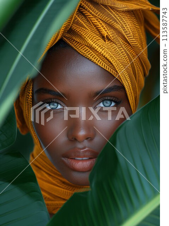 Portrait of woman with yellow head wrap 113587743