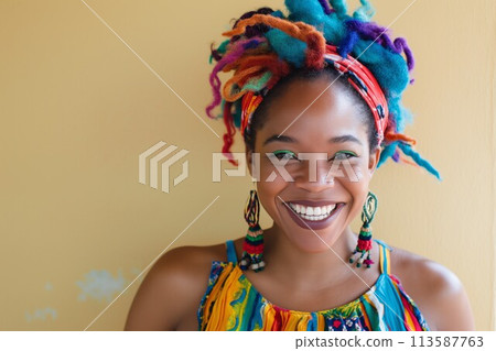 Smiling woman with colorful hair and African attire 113587763