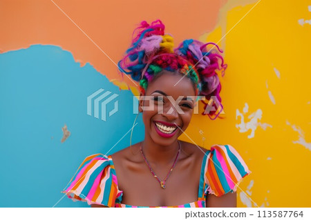 Joyful woman against a colorful abstract backdrop 113587764