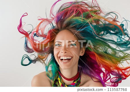 Joyous woman with multi-colored hair flying 113587768