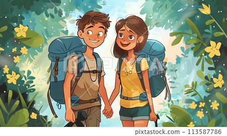 Illustration in cartoon style. Happy young boy and girls with backpacks having trip to nature, hiking and mountaineering activity 113587786