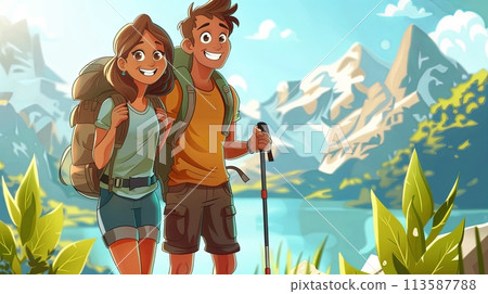 Illustration in cartoon style. Happy young boy and girls with backpacks having trip to nature, hiking and mountaineering activity Illustration in cartoon style. Happy young boy and girls with backpacks having trip to nature, hiking and mountaineering activity 113587788