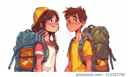 Illustration in cartoon style. Happy young boy and girls with backpacks planning trip to nature, hiking and mountaineering activity Illustration in cartoon style. Happy young boy and girls with backpacks planning trip to nature, hiking and mountaineering activity 113587790