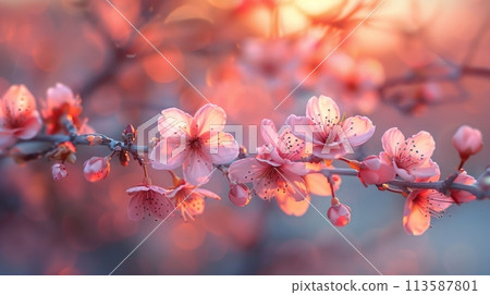 Branch with cherry blossom, blooming, with soft petals. Springtime beauty of nature 113587801