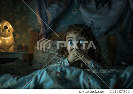 Child hiding face on a patterned bedsheet 113587802