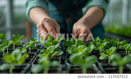 Human hands checking seedlings, plants growing in special containers for further cultivation. Human hands checking seedlings, plants growing in special containers for further cultivation. 113587812