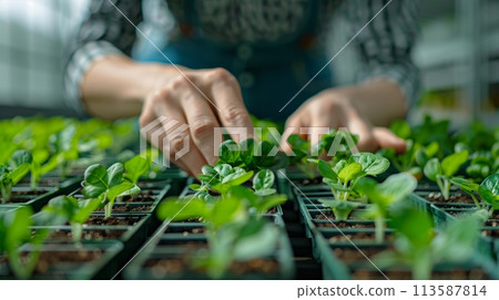 Human hands checking seedlings, plants growing in special containers for further cultivation. Human hands checking seedlings, plants growing in special containers for further cultivation. 113587814