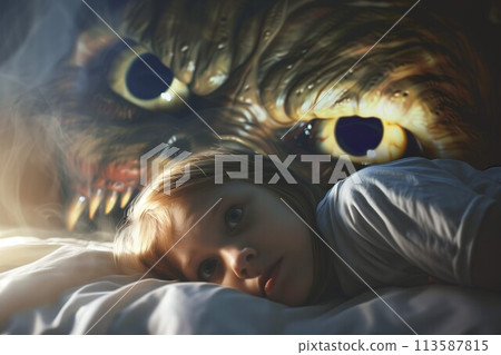 Sleeping child with a monstrous shadow nearby Sleeping child with a monstrous shadow nearby 113587815